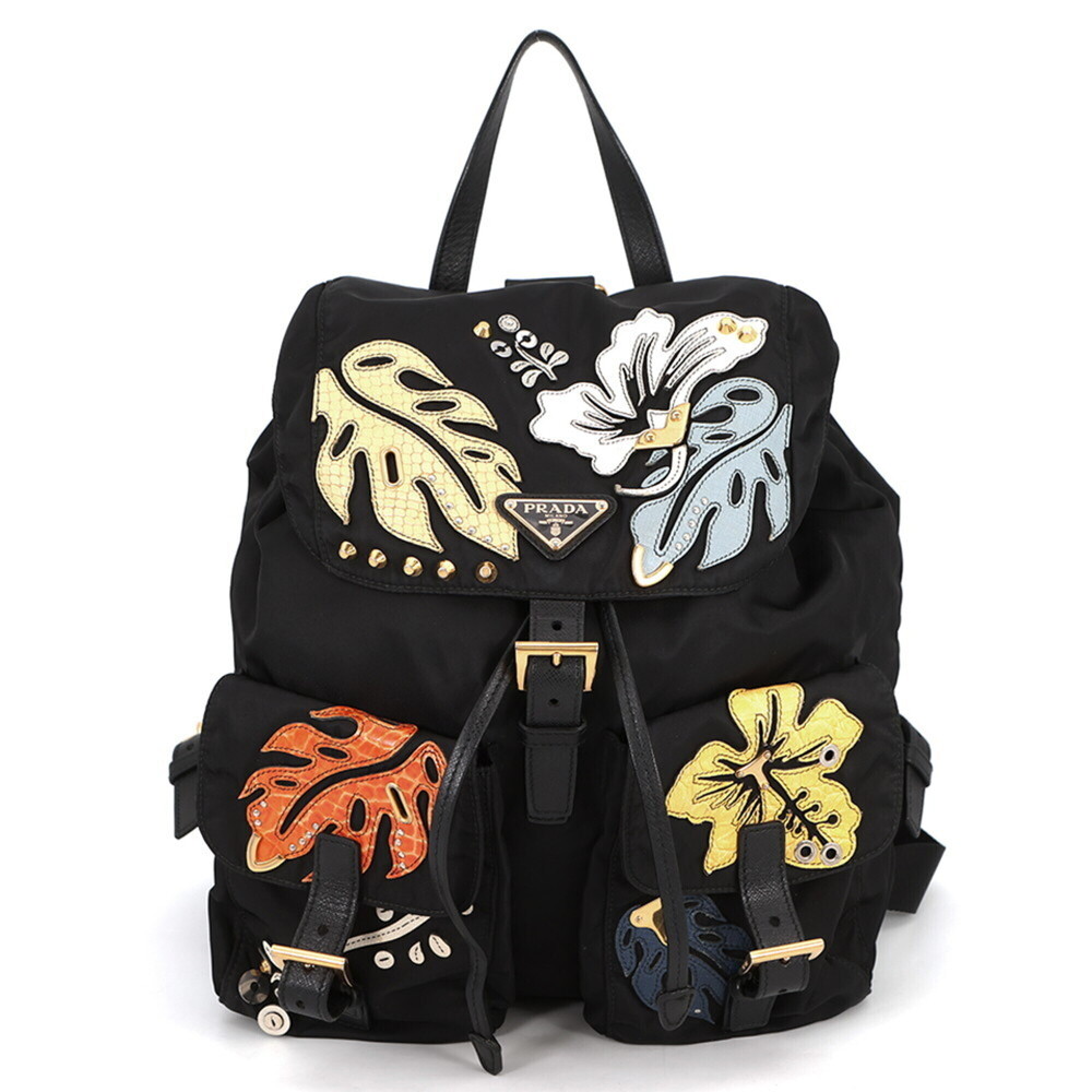 Prada Nylon Flower Triangle Backpack 1BZ811 PRADA Handbag Black
